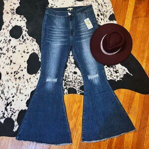 NEW Bell Bottoms Dark Wash Distressed Knee Flares | Size 16